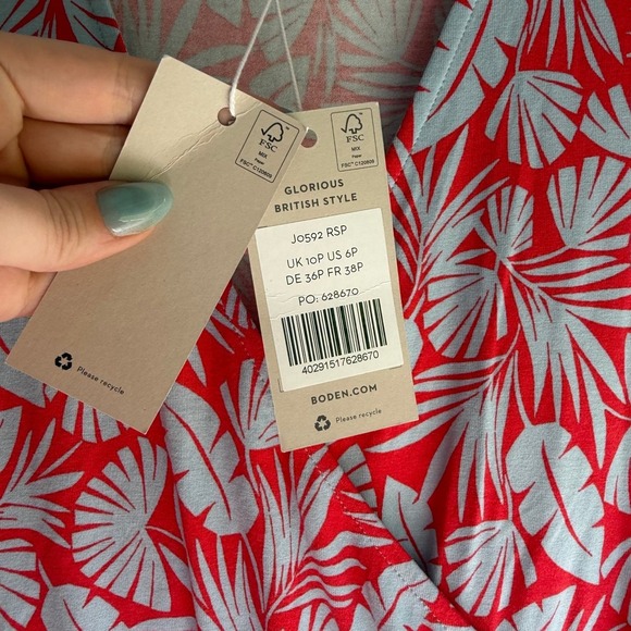 NWT Boden Dress Women's US 6P UK 10P Red Blue Leaf Print V-Neck Short Sleeve - Picture 3 of 8